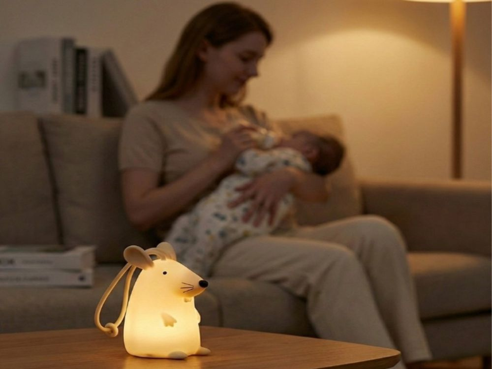 Noćno svjetlo za bebe svijetli dok mama hrani bebu u pozadini