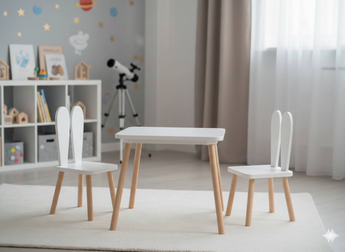 Bieli dječji rastući set stol i stolica s ušima od drva