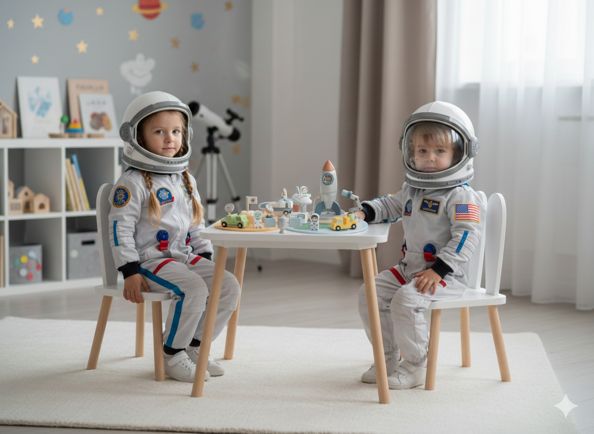 Dječji stol i stolice - drveni s ušima