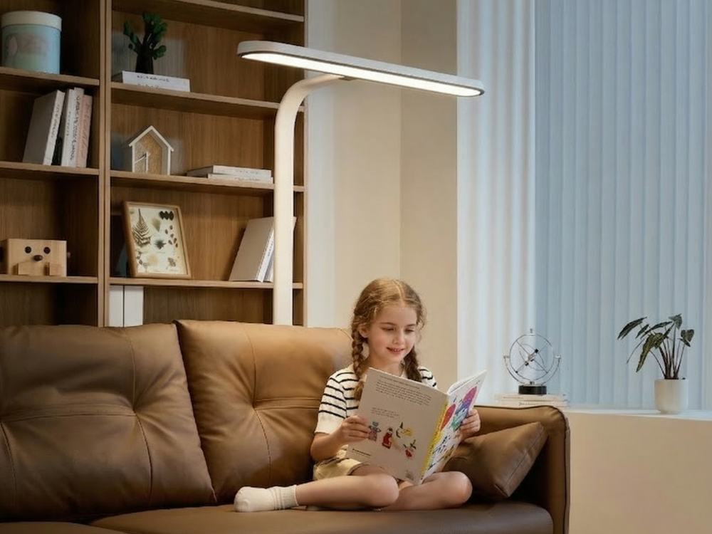 Djevojčica čita knjigu sjedeći na fotelji ispod ELIS DESIGN podne LED lampe